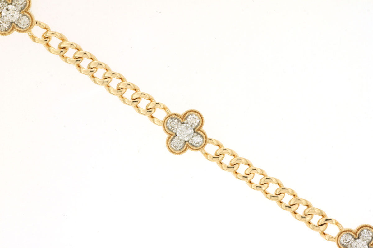 14K Yellow Gold Diamond Clover Station Chain Link Bracelet