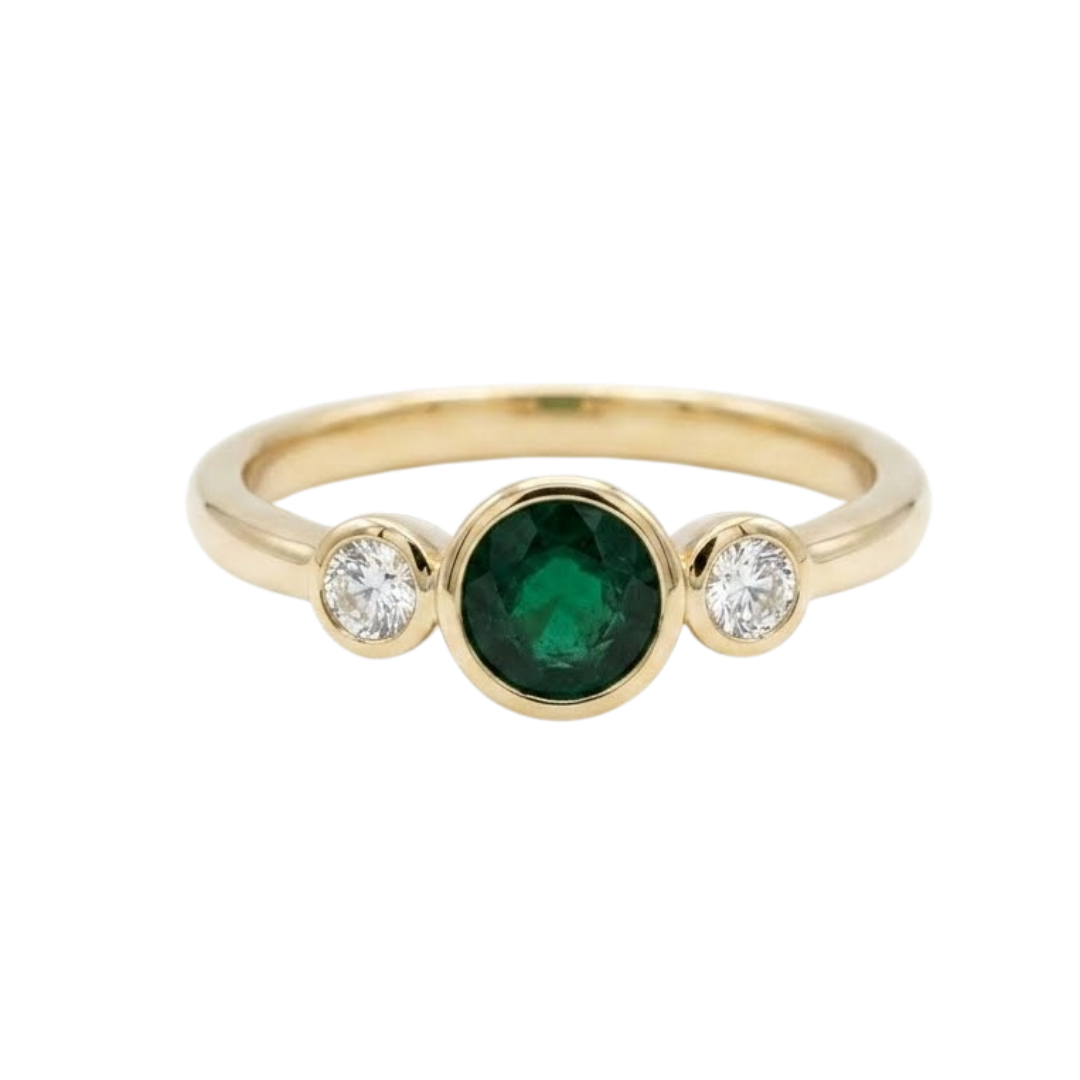 14K Yellow Gold Emerald And Diamond Bezel Ring