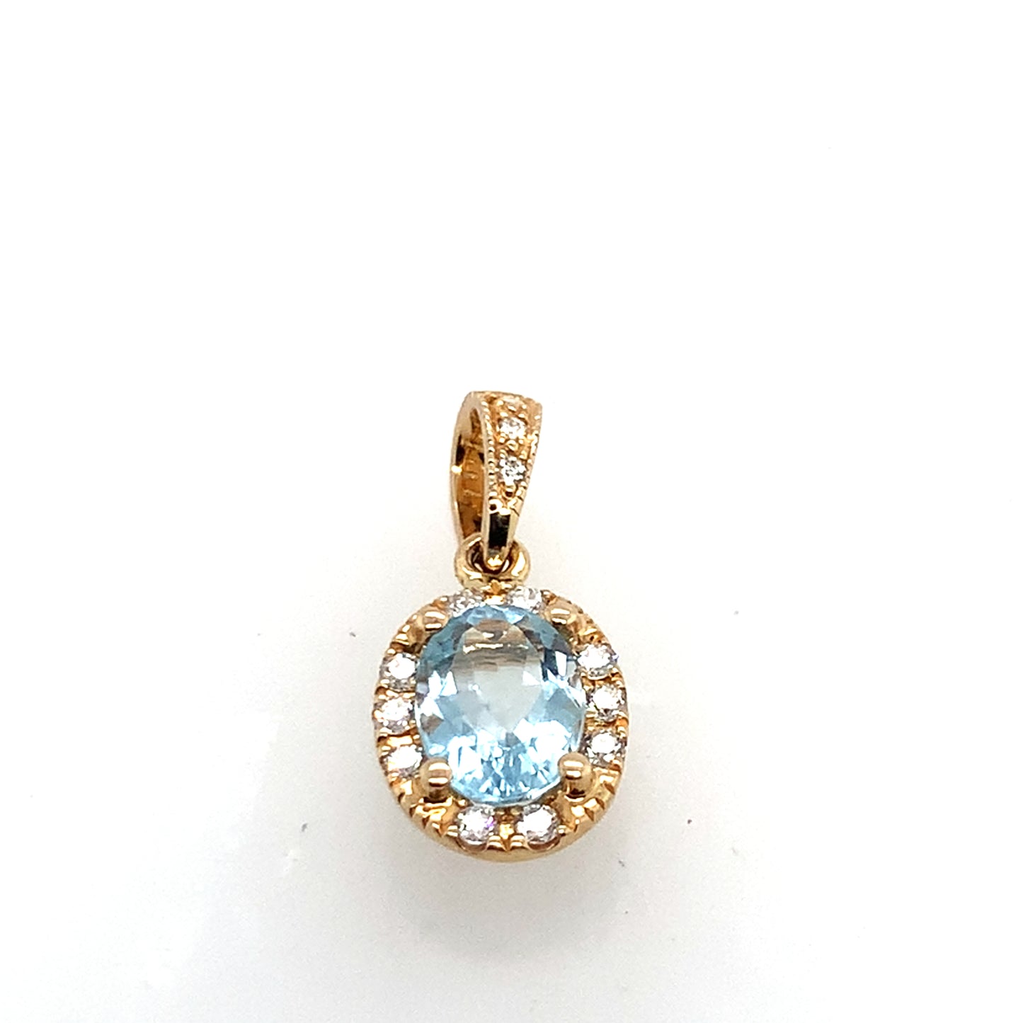 14K Yellow Gold Oval Aquamarine And Diamond Halo Pendant