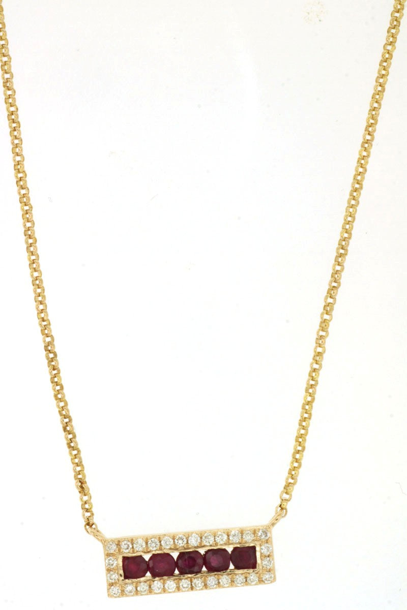 14K Yellow Gold Diamond And Ruby Bar Pendant Necklace