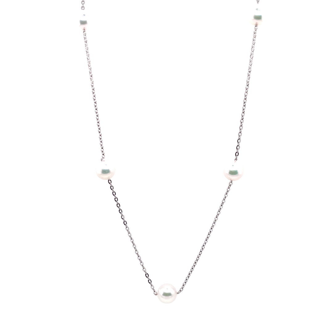 14K White Gold 6.5 - 7.0Mm Akoya Cultured Pearl Station Necklace