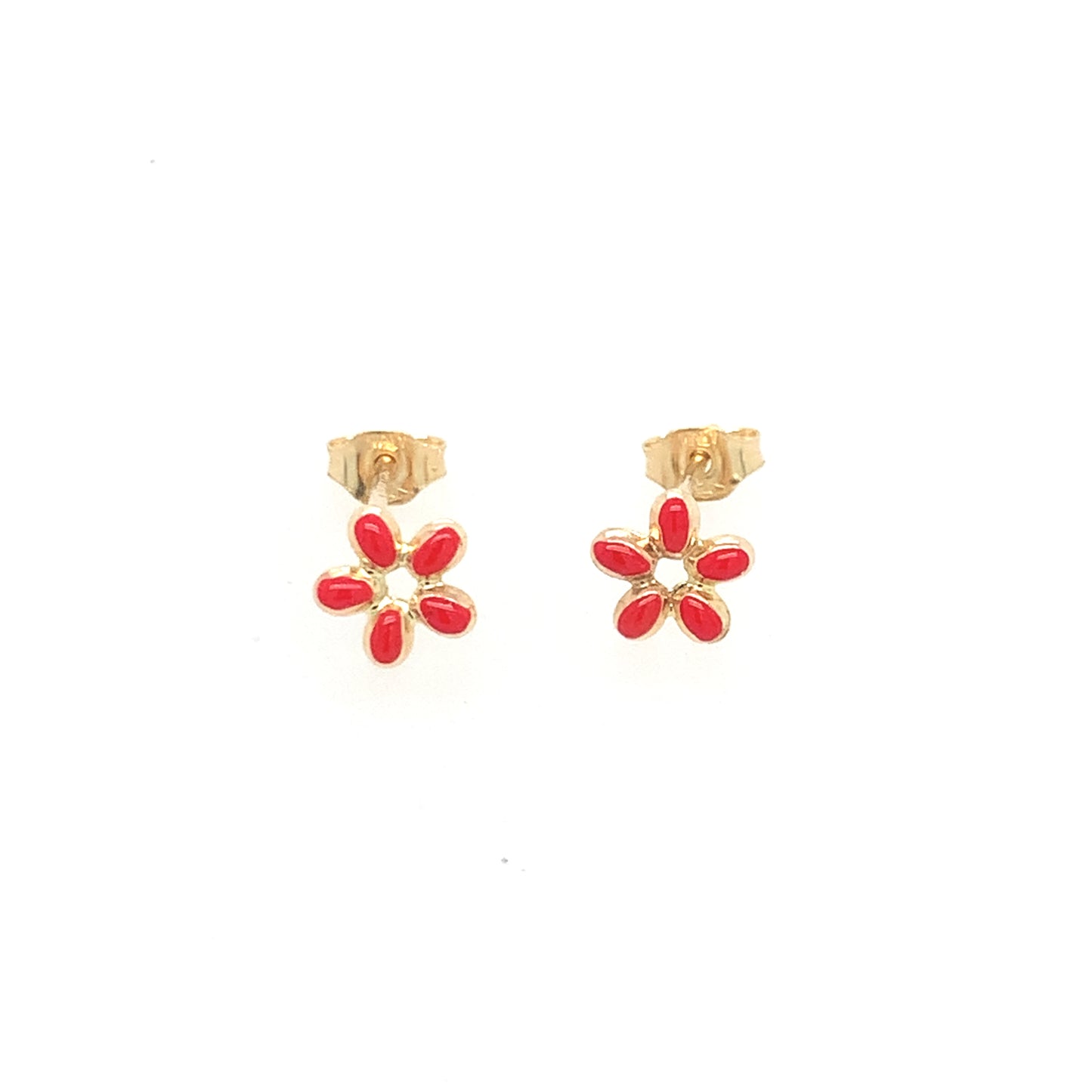 14K Yellow Gold Red Flower Children's Earrings