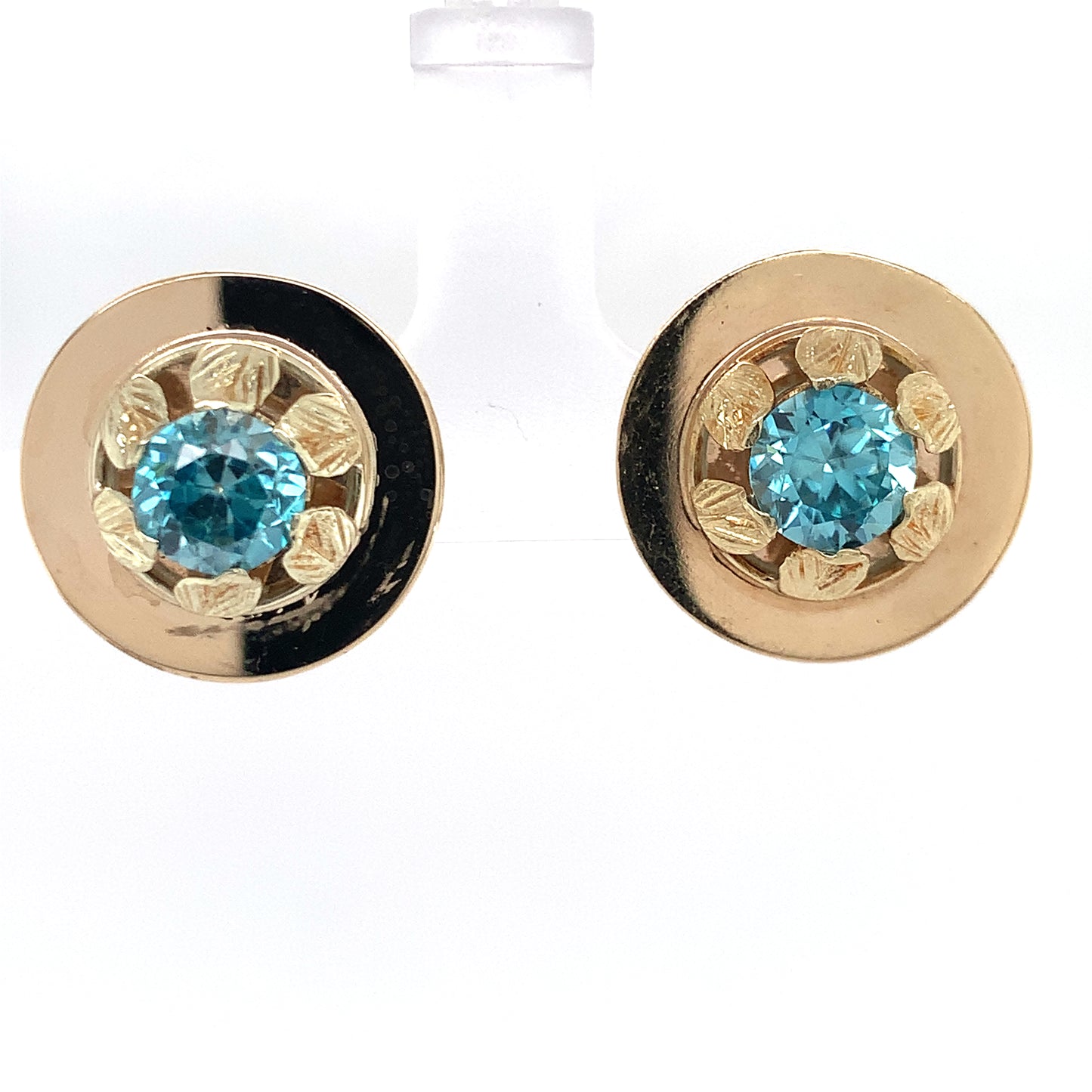 Estate 14K Gold Blue Zircon Leaf Clip On Earrings