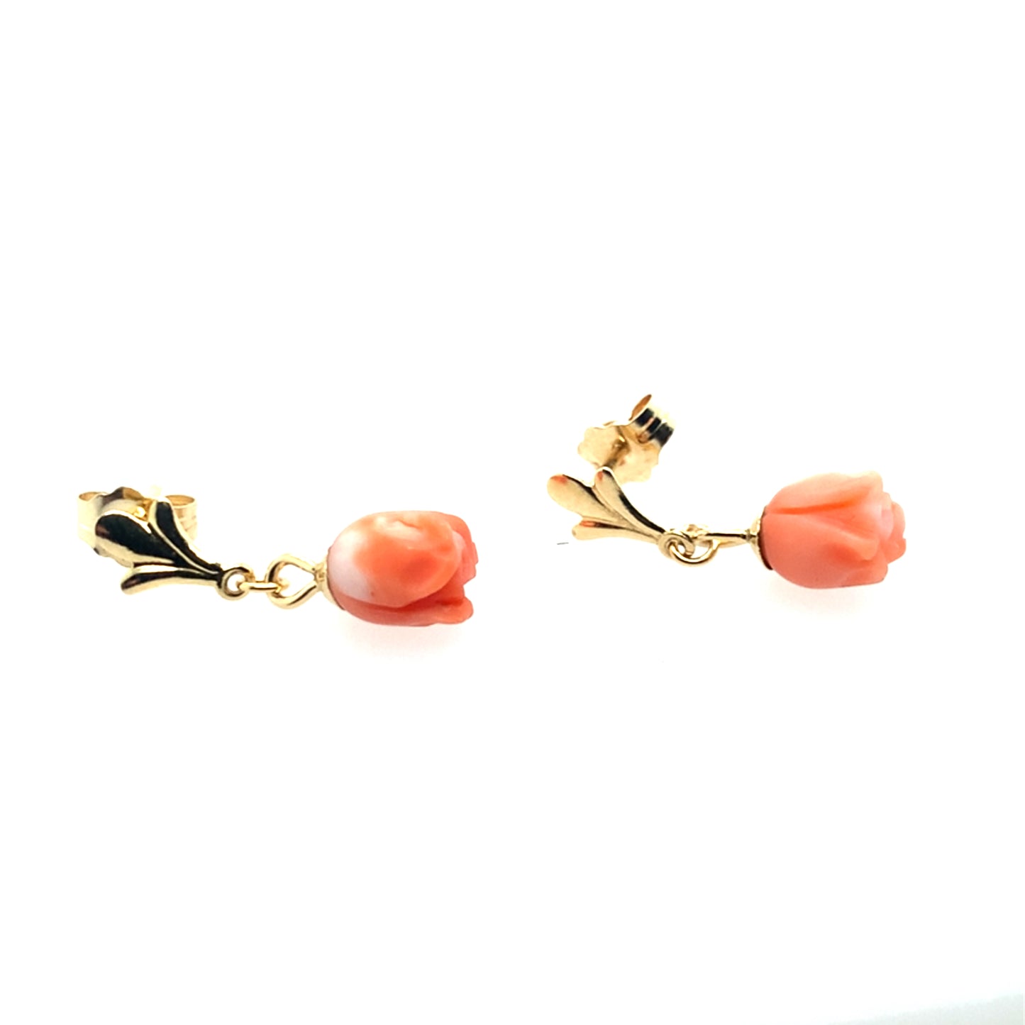 Estate 14K Yellow Gold Peach And White Coral Flower Dangle Earrings