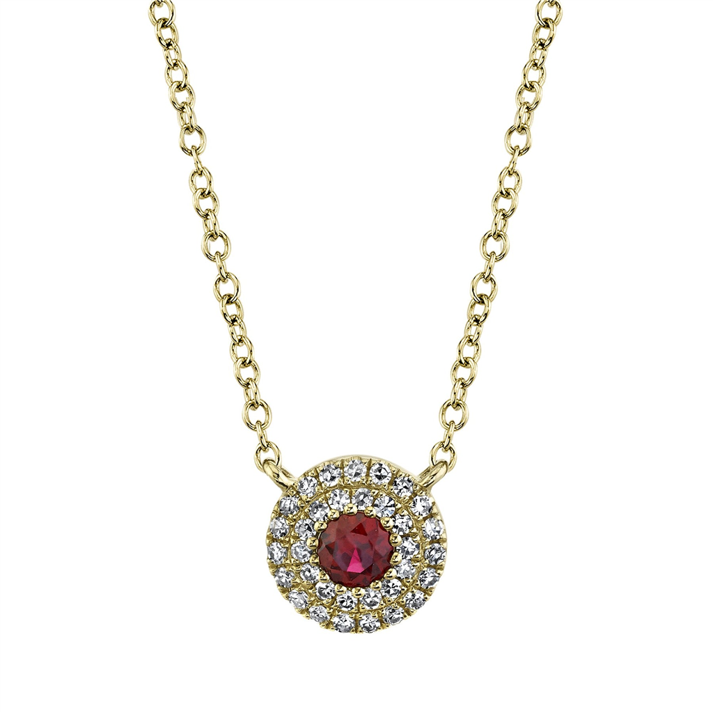 Shy Creation 14K Yellow Gold Round Ruby Pendant with Double Diamond Halo