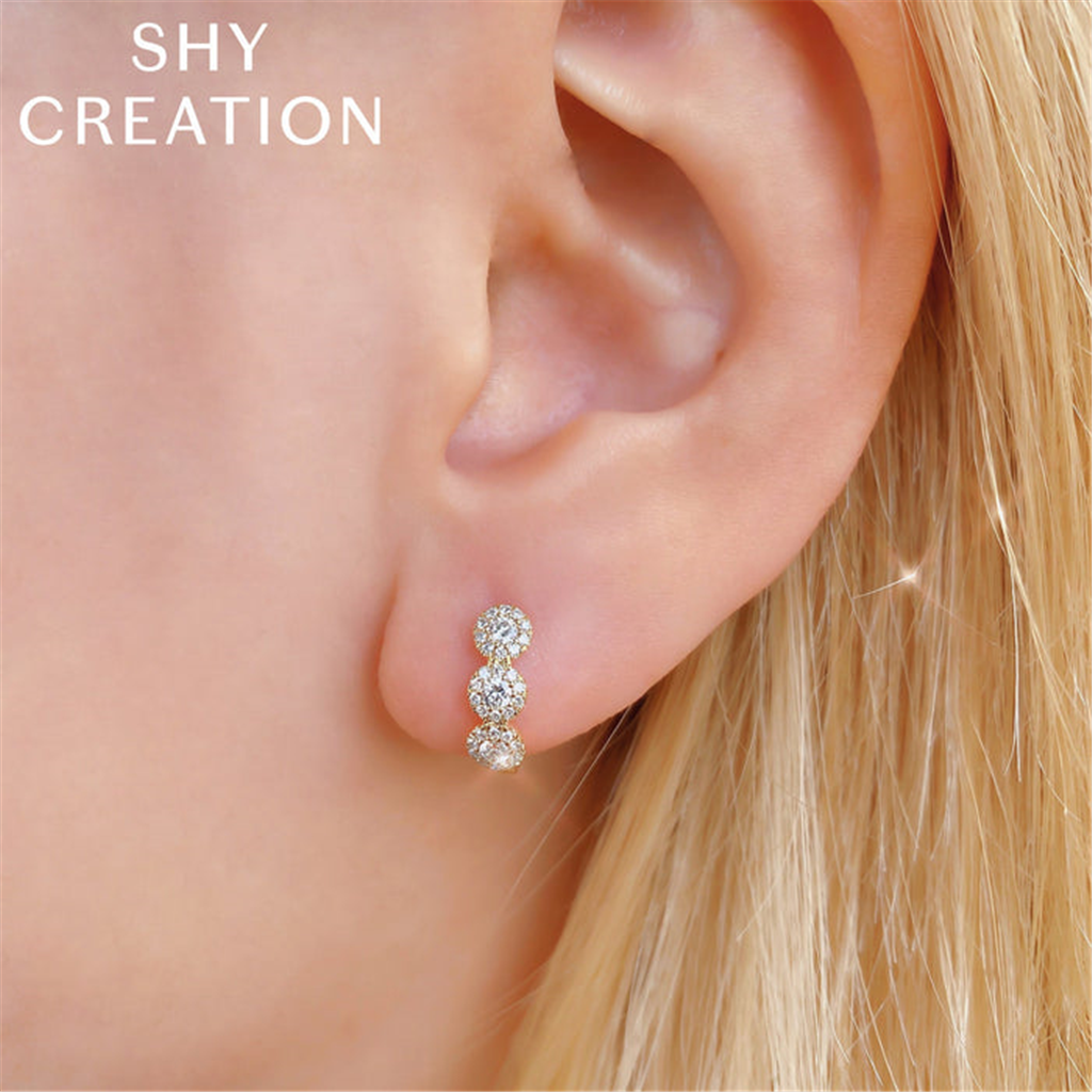 Shy Creation 14K Yellow Gold Diamond Halo Huggie Earring