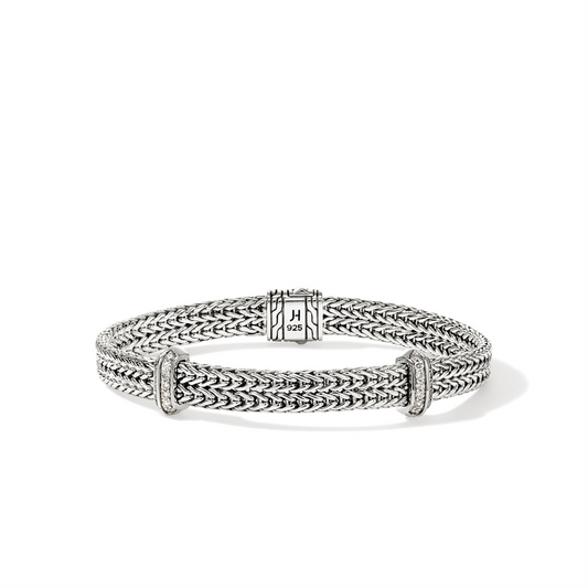 John Hardy Silver Icon Link Diamond Pave Flat Chain Bracelet