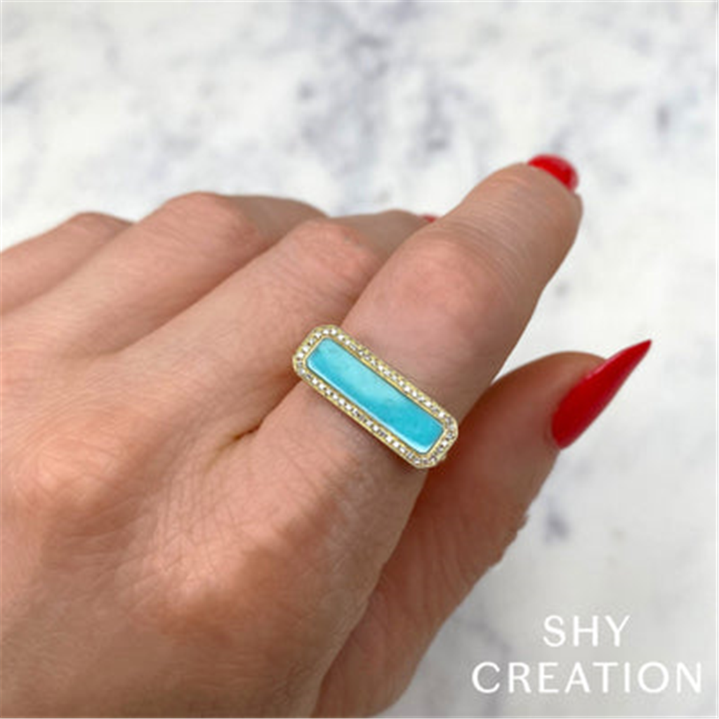 Shy Creation Diamond & Turquoise Bar Ring