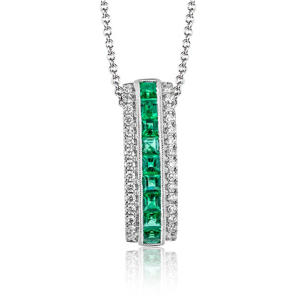 Simon G. 18Kw Princess Cut Emerald & Round Diamond Bar Pendant