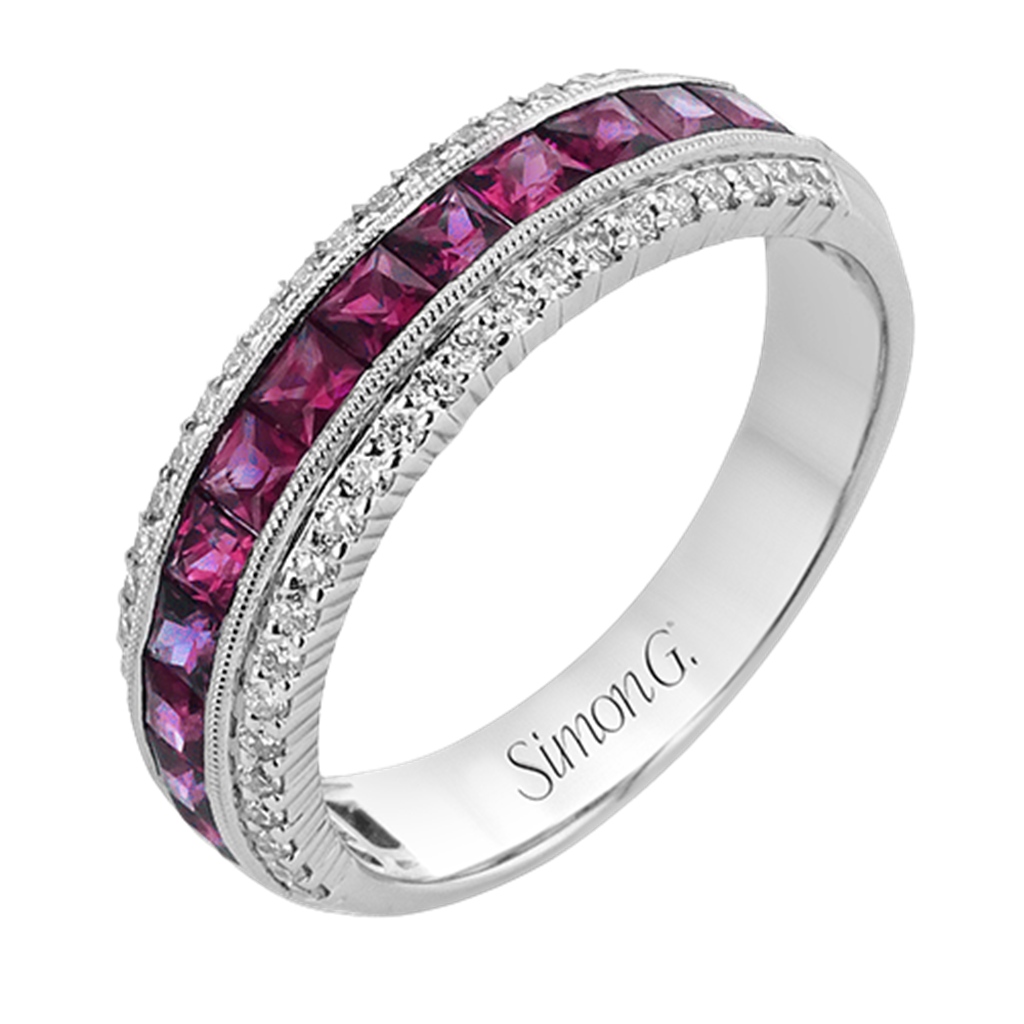 Simon G. 18K White Gold Princess Cut Ruby & Round Diamond Band
