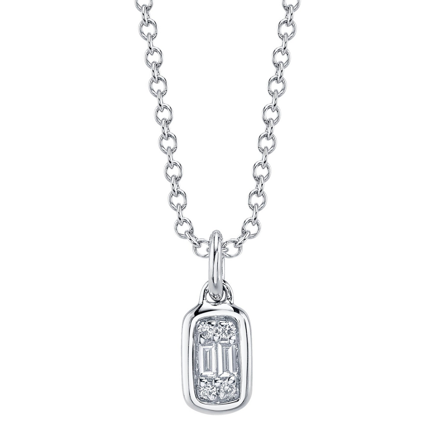 Shy Creation 14K White Gold Bezel Setting Baguette and Round Diamond Pendant
