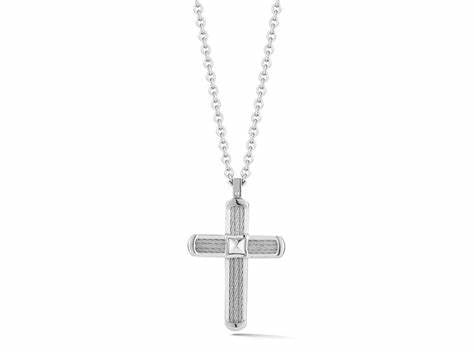 Alor Gents Stainless Steel & Grey Cable Cross Necklace