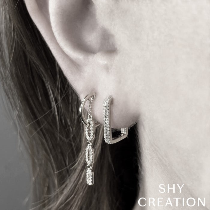 Shy Creation White Gold Diamond In-And-Out Rectangle Hoop Earring
