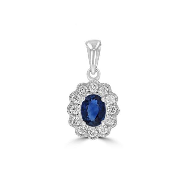 14K White Gold Blue Sapphire And Diamond Pendant