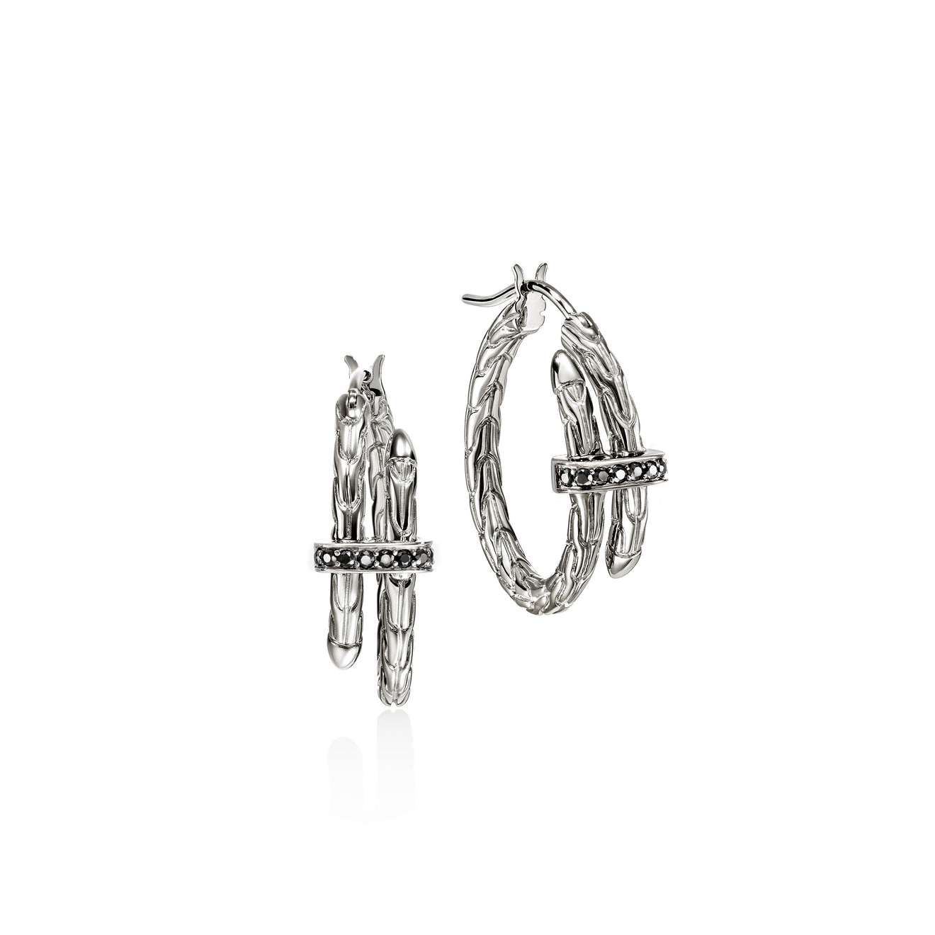 John Hardy Spear Silver Hoop Earrings with Treated Black Sapphires