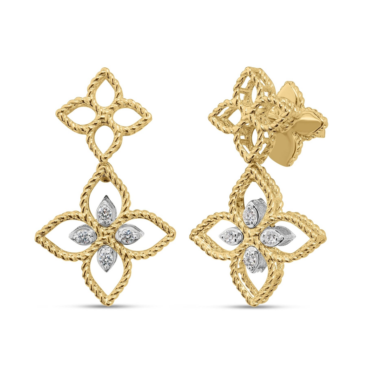 Roberto Coin 18K Two Tone Princess Flower Open Frame Diamond Dangle Earrings