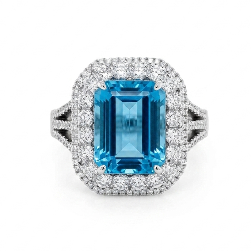 Simon G 18K White Gold Emerald Cut Aquamaine & Diamond Ring