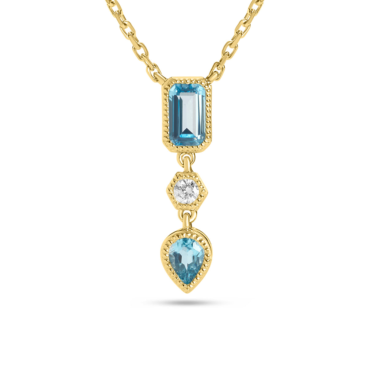 14K Yellow Gold Blue Topaz And Diamond 3 Stone Necklace