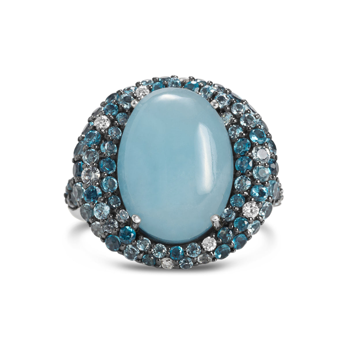 14K White Gold Aquamarine Cabachon, Blue Topaz And Diamond Halo Ring