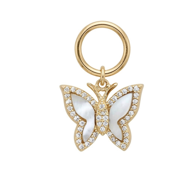 14K Yellow Gold Mother Of Pearl Diamond Butterfly Charm