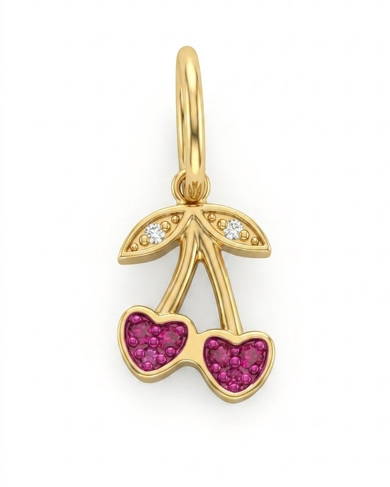 14K Yellow Gold Ruby And Diamond Cherry Charm