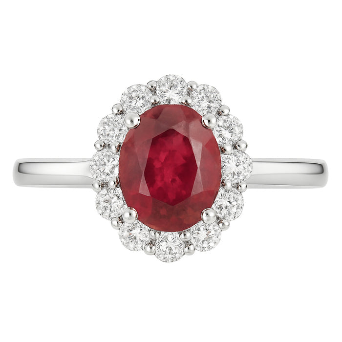 18K White Gold Oval Ruby Diamond Halo Ring