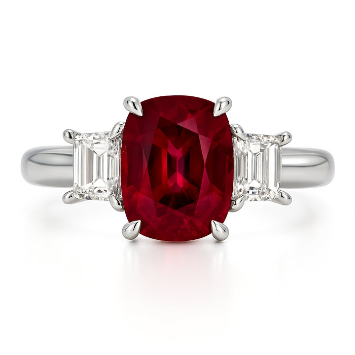 18K White Gold 3 Stone Cushion Ruby & Diamond Ring