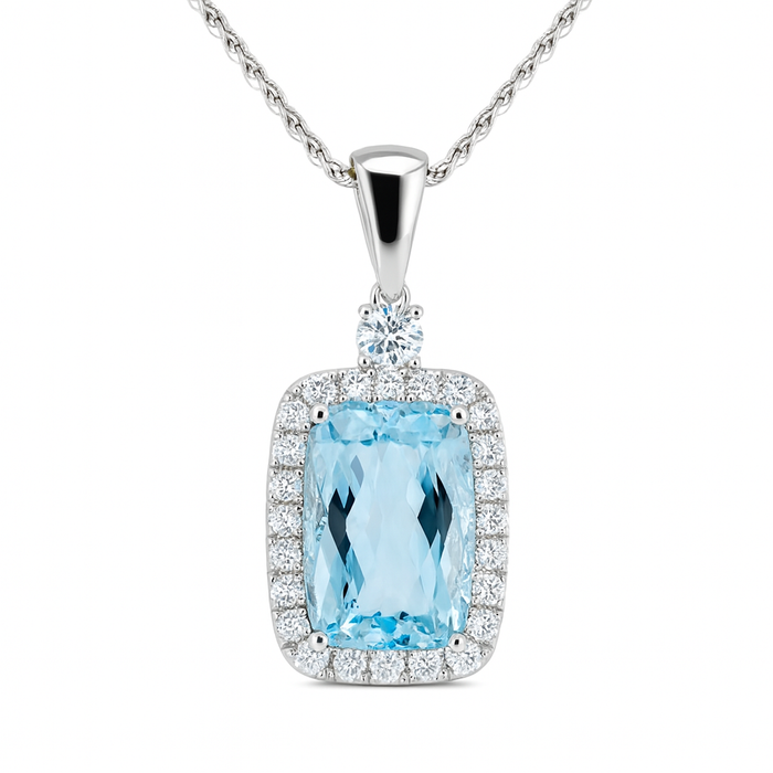 18K White Gold Elongated Cushion Aquamarine & Diamond Halo Necklace