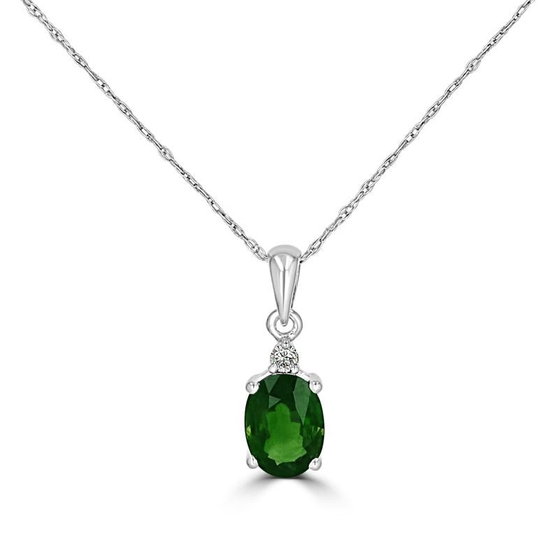 14K White Gold Oval Emerald And Diamond Pendant