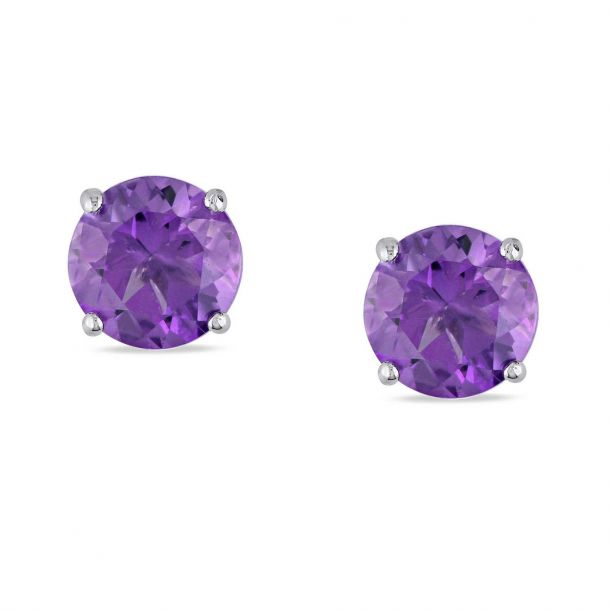 14K White Gold Round Amethyst Stud Earrings