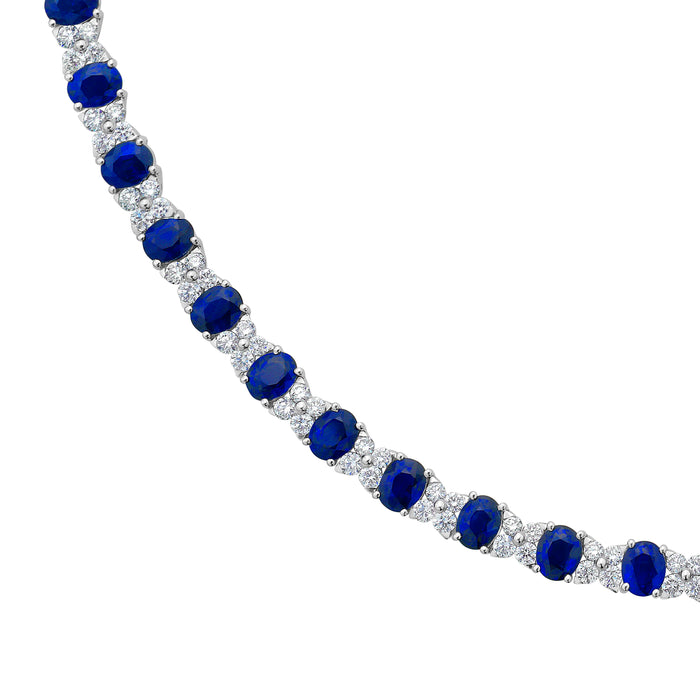 18K White Gold Blue Sapphire And Diamond Cluster Tennis Necklace
