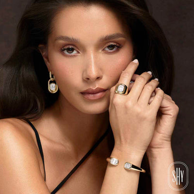 Shy 14K Yellow Gold Diamond Baguette Cluster Open Bangle