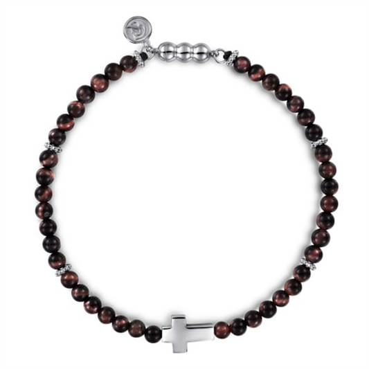 Gabriel Sterling Silver Cross & Tiger Eye Beaded Bracelet