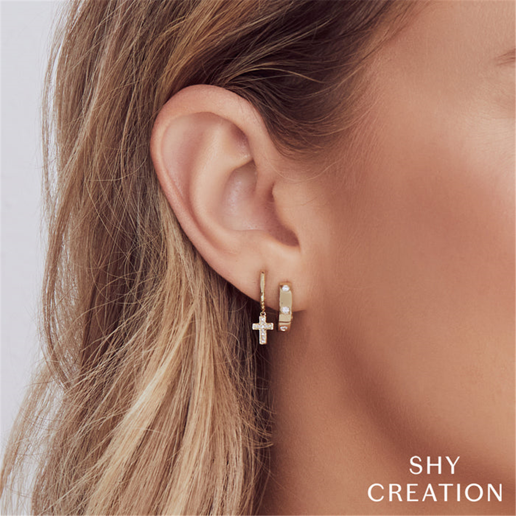 Shy 14K Diamond Dangle Cross Huggie Earrings