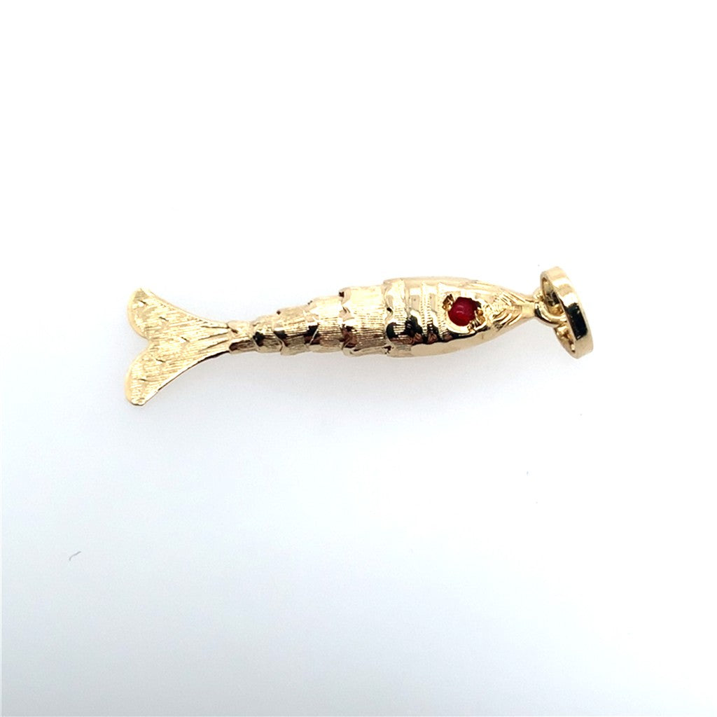 Estate 14K Yellow Gold Flexable Red Eye Fish Charm