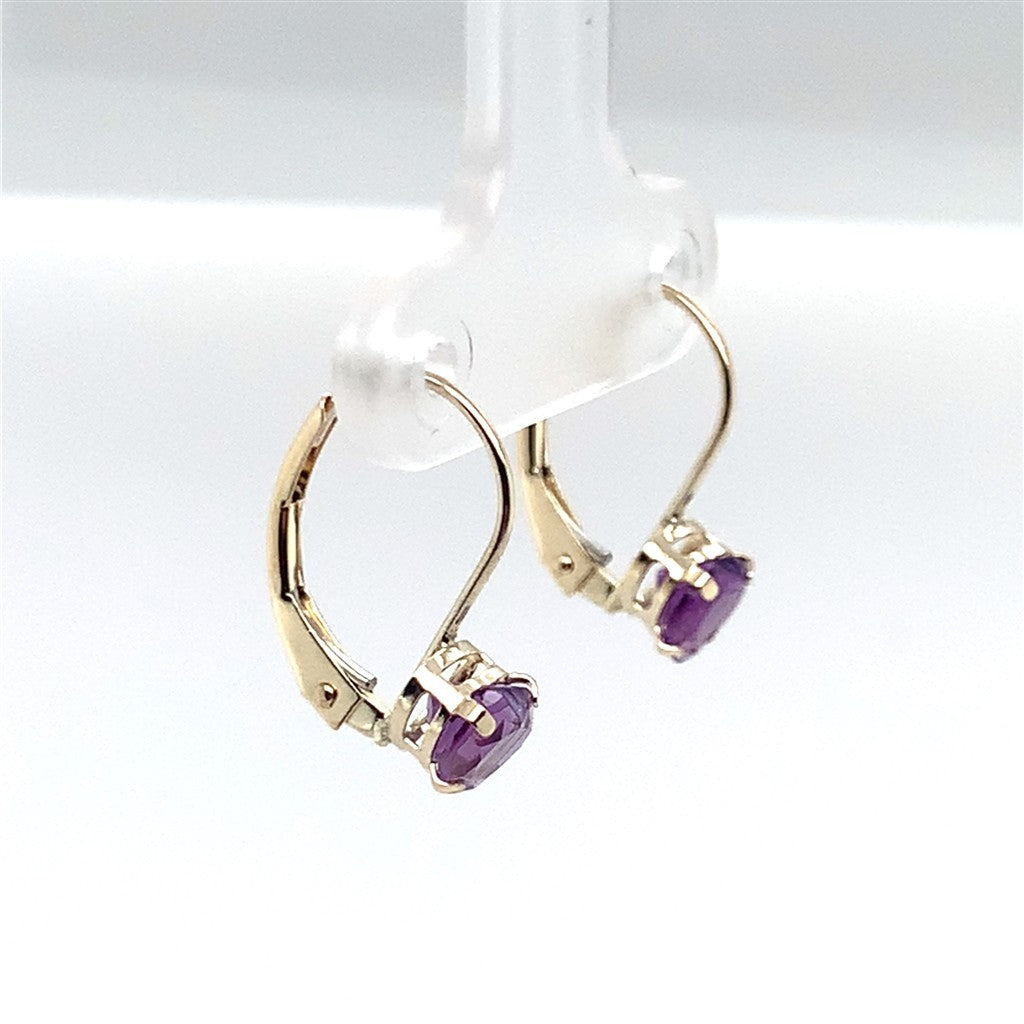 Estate 10K Yellow Gold Heart Shaped Ameythst Lever Back Earrings