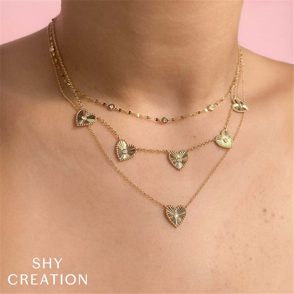 Shy 14Ky Diamond Heart Pendant in Beaded Frame Necklace