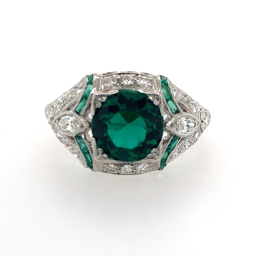 Estate Platinum Diamond & Lab Created Emerald Ring