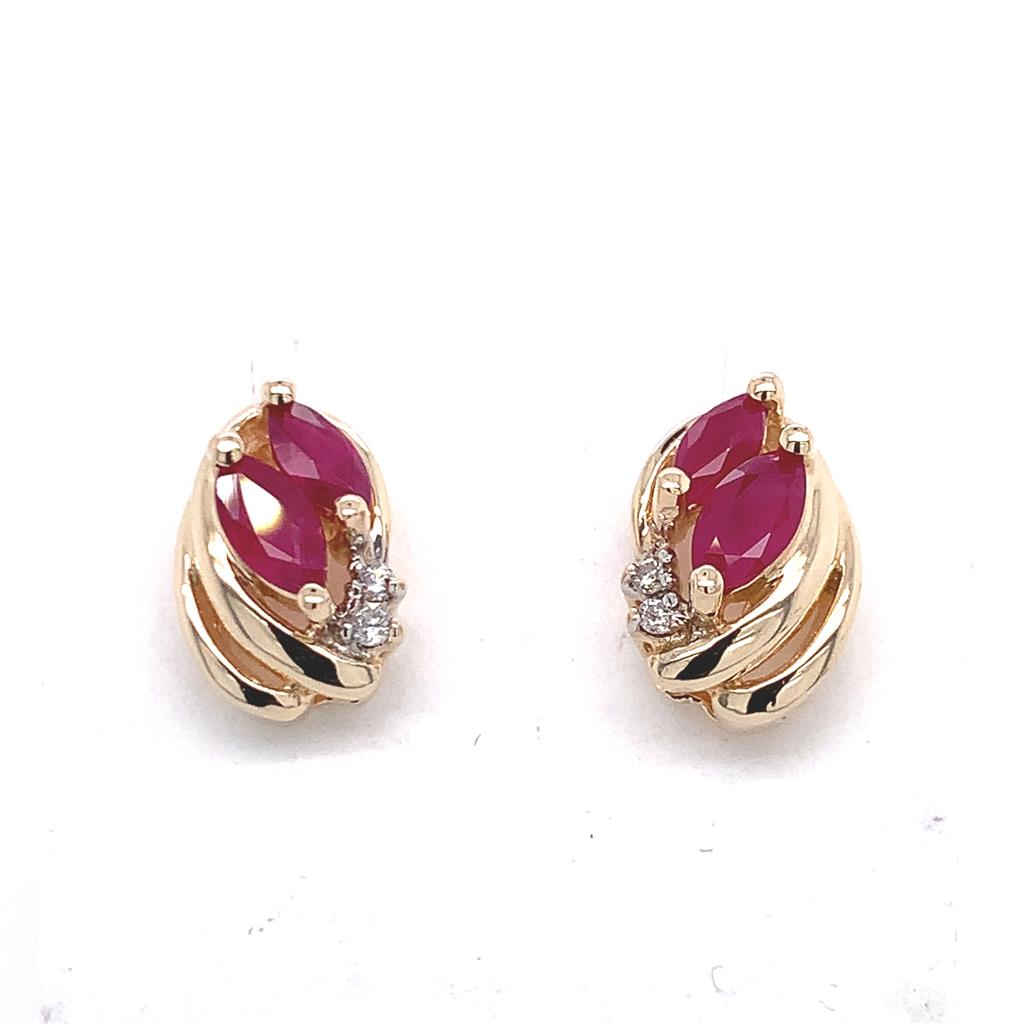Estate 14K Gold Marquise Ruby & Diamond Earrings