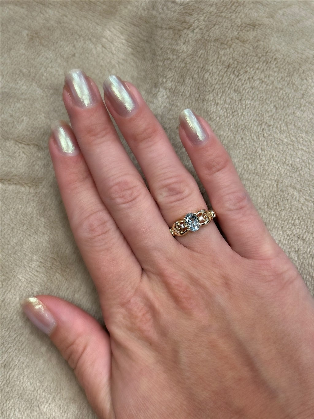 Estate 14K Yellow Gold Oval Aquamarine And Round Diamond Ring