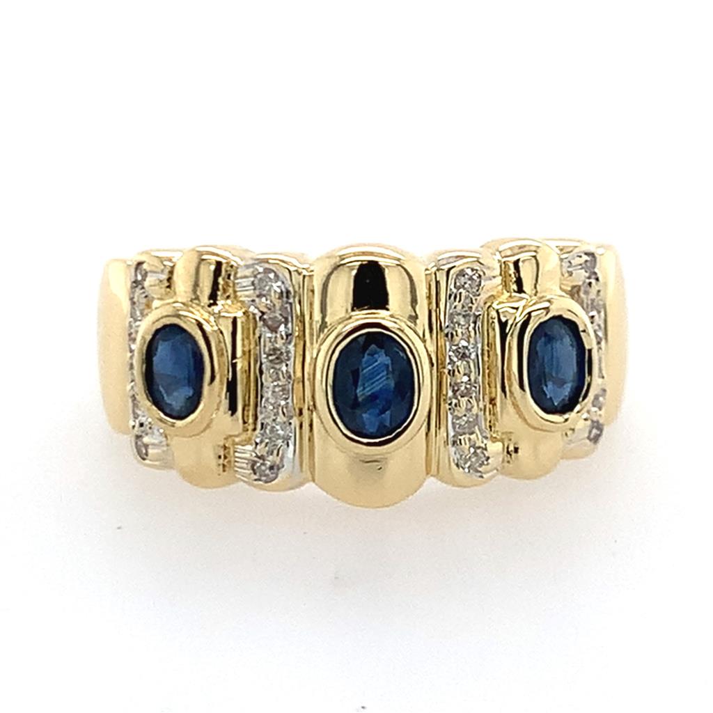 Estate 18K Yellow Gold Blue Sapphire & Diamond Ring