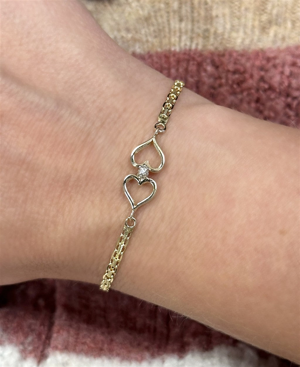 Estate 14K Yellow Gold Diamond Double Heart Bracelet