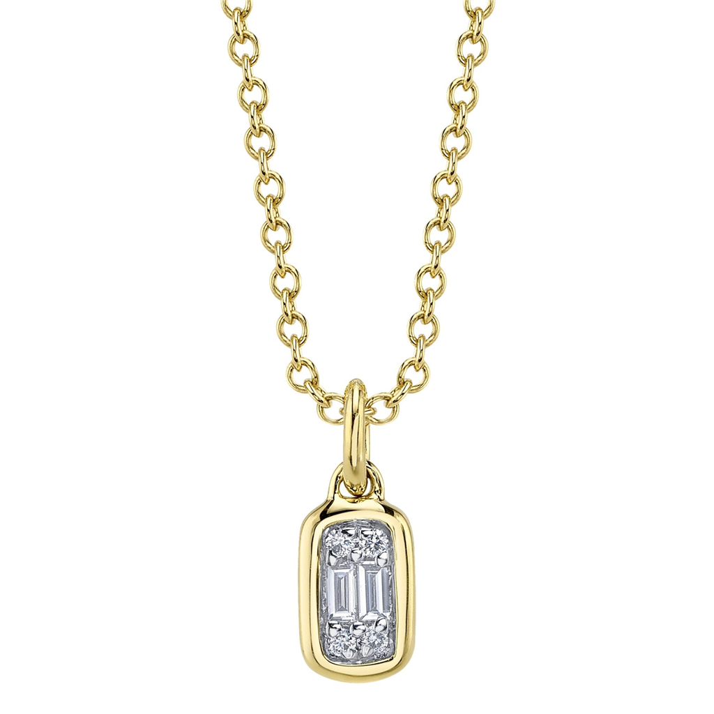 Shy Creation 14K Yellow Gold Bezel Setting Baguette and Round Diamond Pendant Necklace