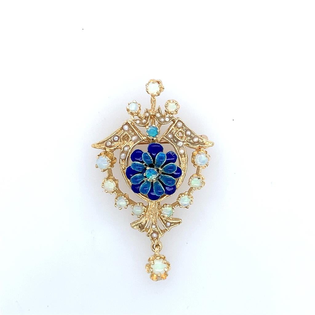 Estate 14K Gold Enamel Pearl & Opal Brooch