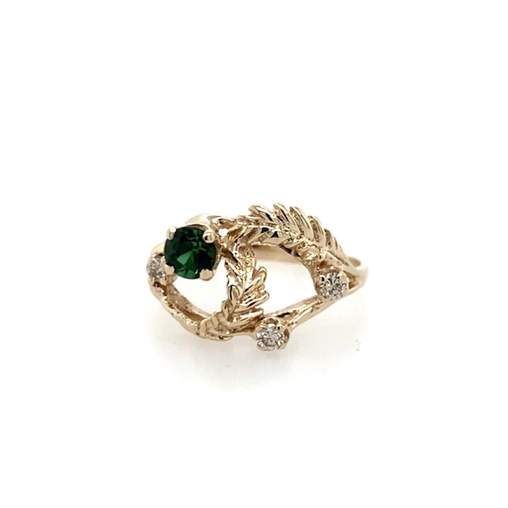 Estate 14K Yellow Gold Green Stone Feather Ring