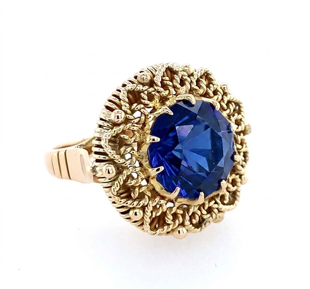 Estate 14K Yellow Gold Imitation Blue Sapphire Heart Rope Halo Ring