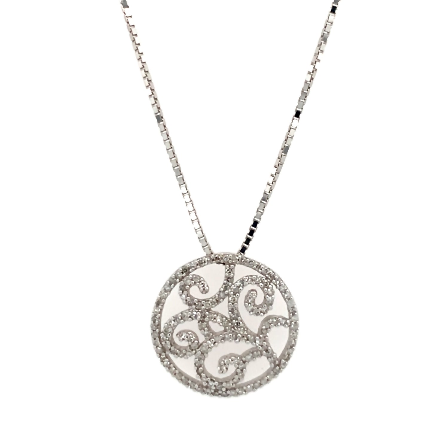 Estate 14K Gold Box Chain & Swirl Diamond Pendant