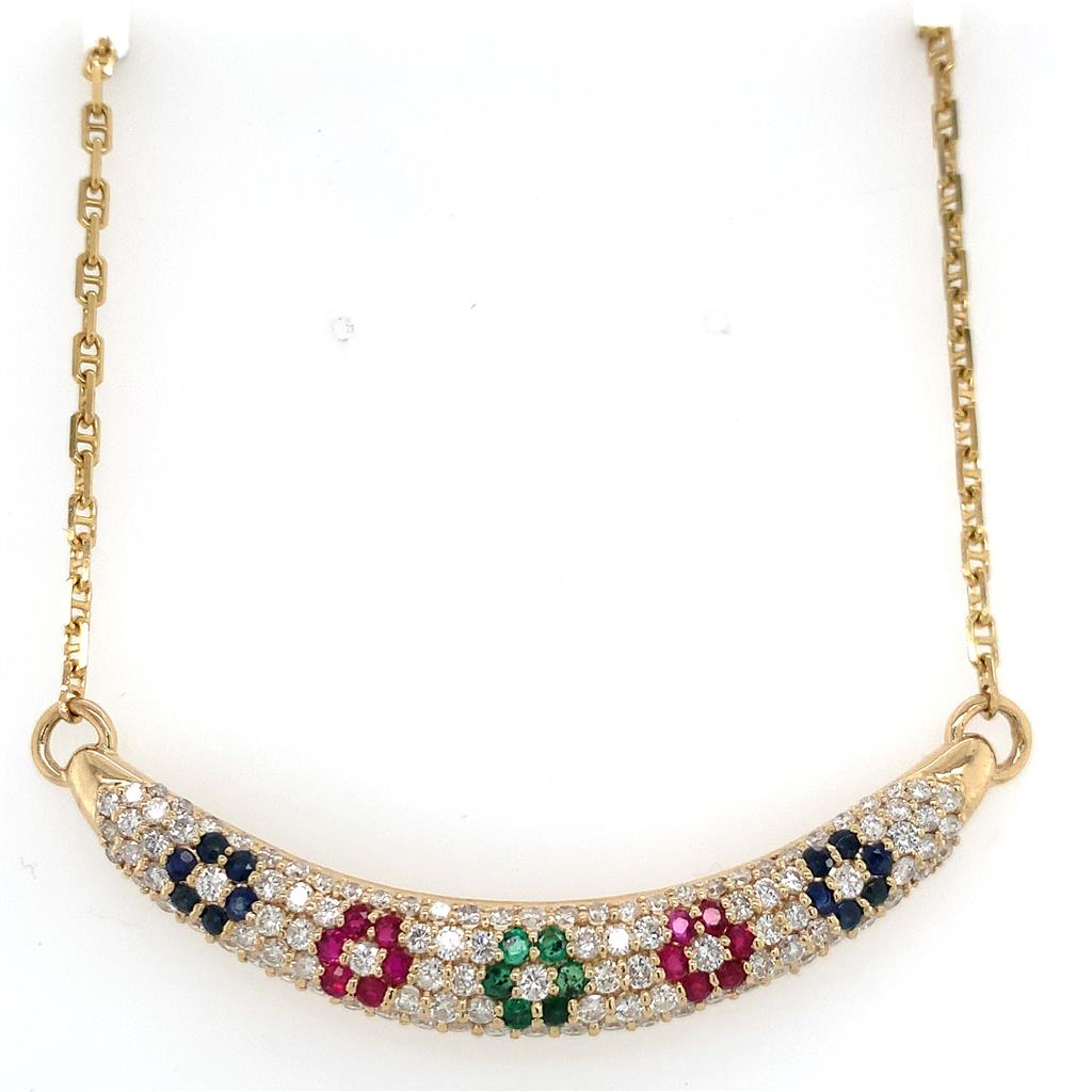 Estate 14K Gold Sapphire Ruby Emerald And Diamond Bar Necklace