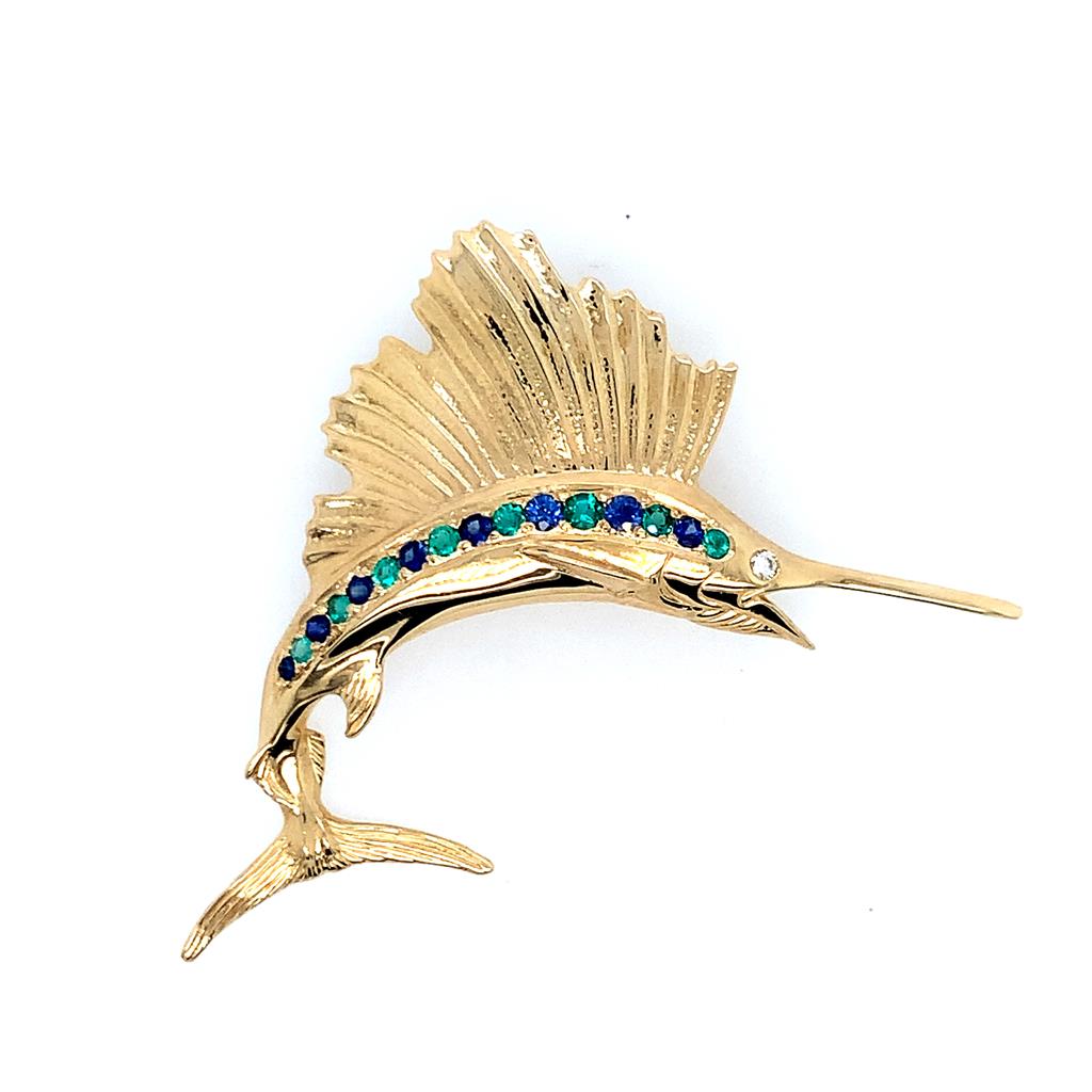 Estate 14K Gold Diamond, Lab Sapphire & Emerald Marlin