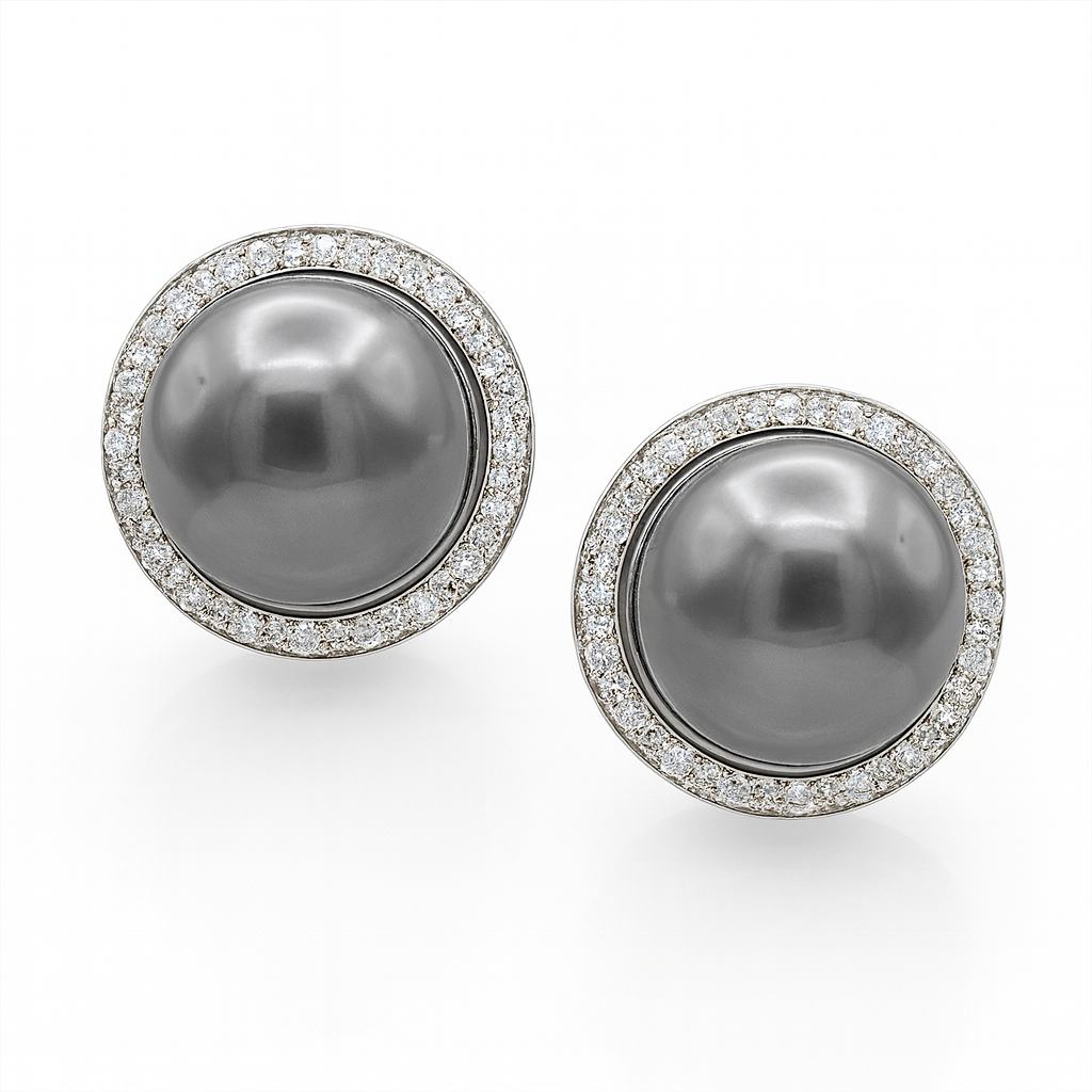 14K White Gold Tahitian Pearl Diamond Halo Earrings
